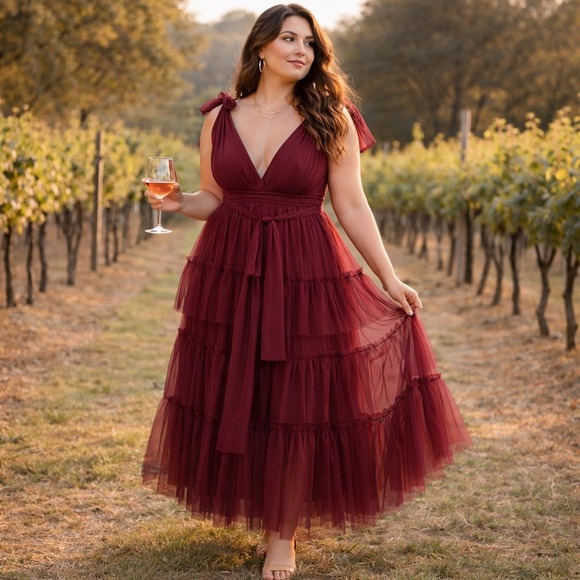 ARULA Dresses & Skirts - Arula Burgundy Swiss Dot Tulle Tiered Maxi Dress Size B Sleeveless Tie Shoulder